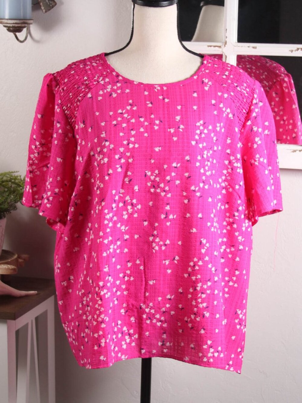 Draper James Pink Floral Smocked Flutter Sleeve Blouse XXL